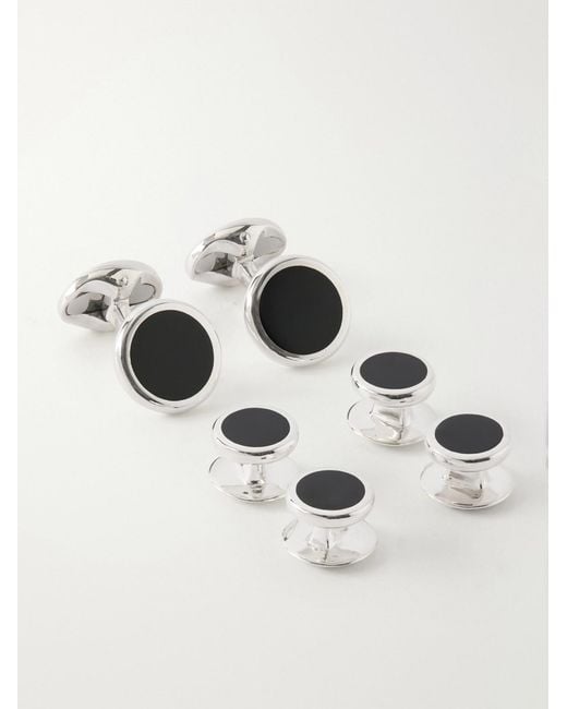 Deakin & Francis Black Enamel And Sterling Silver Cufflinks And Dress Studs Set for men