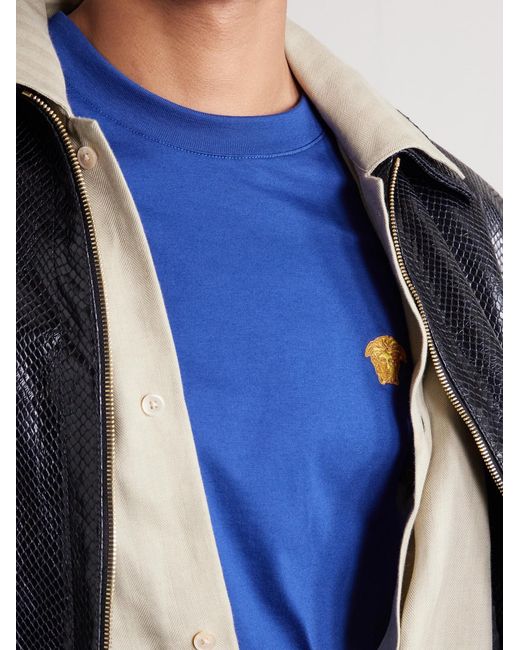 Versace Blue Logo-Embroidered Cotton-Jersey T-Shirt for men