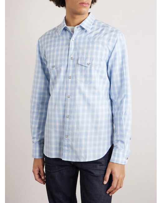 Tom Ford Blue Slim-fit Checked Cotton And Linen-blend Shirt for men