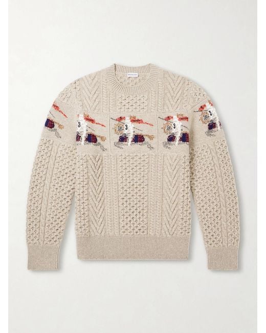 Burberry Natural Logo-intarsia Cable-knit Wool And Cashmere-blend Sweater for men
