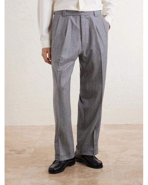 Kaptain Sunshine Gray Tapered Pleated Striped Wool-Flannel Suit Trousers for men