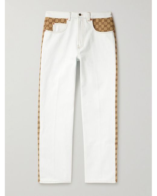 Gucci White Straight-leg Monogrammed Canvas-trimmed Jeans for men