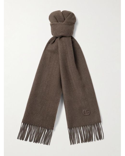 Gucci Brown Fringed Logo-Appliquéd Leather-Trimmed Cashmere Scarf for men