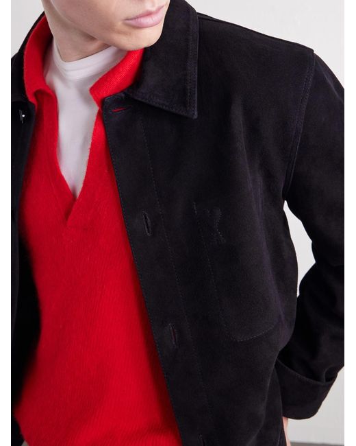 AMI Blue Logo-Embossed Suede Jacket for men