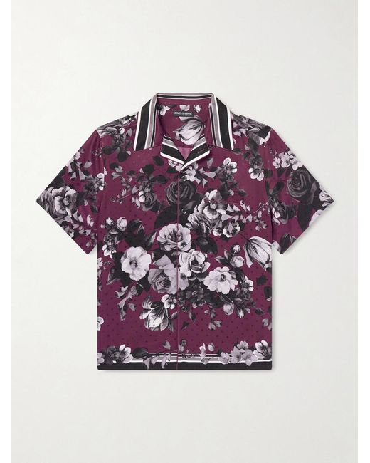 Dolce & Gabbana Purple Camp-Collar Floral-Print Silk-Twill Shirt for men