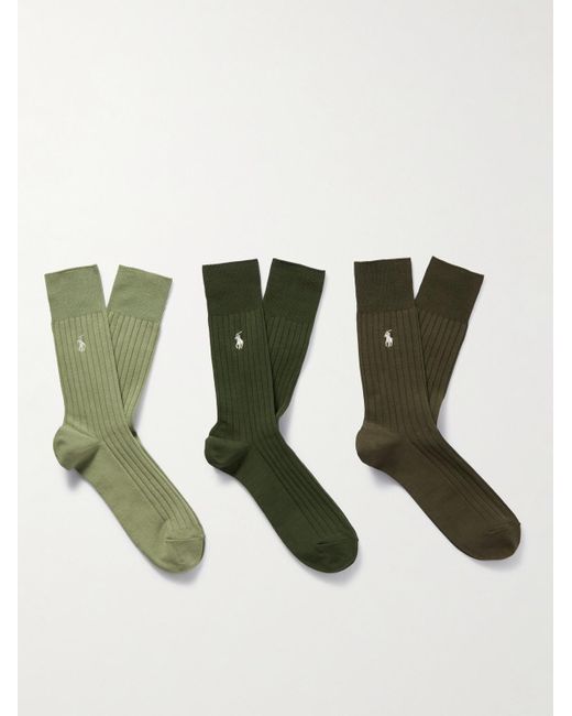 Confezione da tre paia di calze in misto cotone a costine con logo ricamato di Polo Ralph Lauren in Green da Uomo