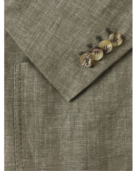 De Petrillo Green Double-breasted Herringbone Linen Suit Jacket for men