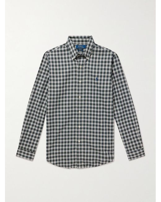Polo Ralph Lauren Blue Button-Down Collar Logo-Embroidered Checked Cotton Shirt for men