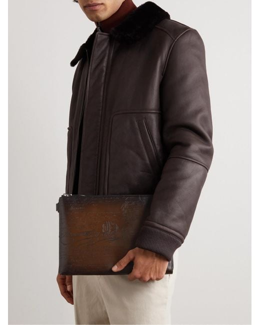 Berluti Brown Nino Scritto Venezia Leather Pouch for men