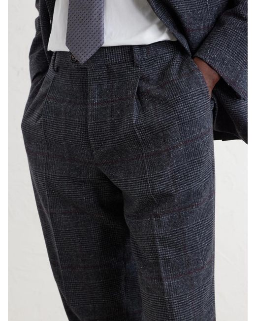 Brunello Cucinelli Gray Lesire Straight-Leg Pleated Checked Silk, Wool And Cashmere-Blend Suit Trousers for men