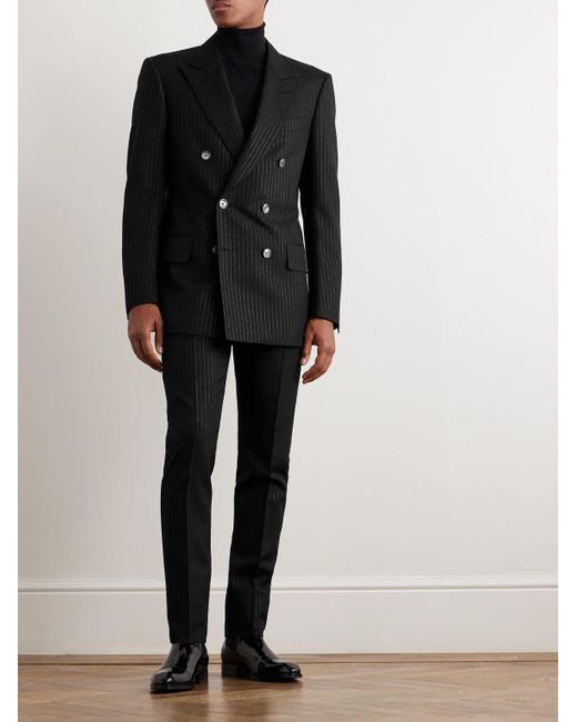 Tom Ford Black Double-breasted Striped Metallic Woven Tuxedo Jacket for men