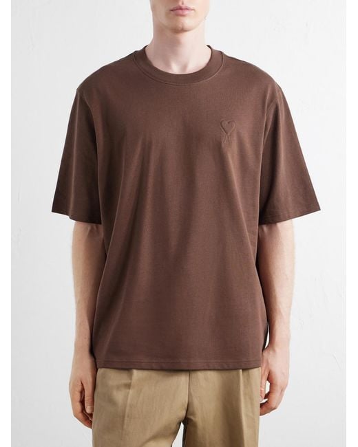 AMI Brown Logo-Embroidered Cotton-Jersey T-Shirt for men
