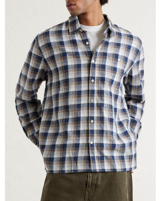 Officine Generale Blue Younes Checked Cotton And Linen-Blend Shirt for men
