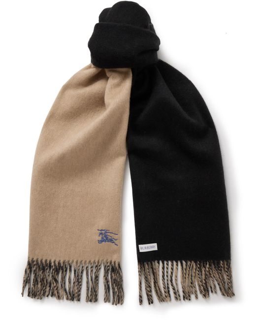 Burberry Black Reversible Logo-embroidered Fringed Cashmere Scarf for men