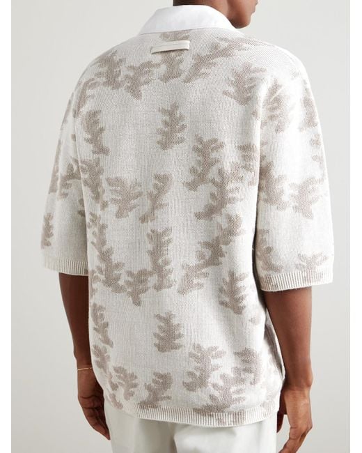 Zegna Natural Camp-Collar Poplin-Trimmed Jacquard-Knit Oasi Linen Polo Shirt for men