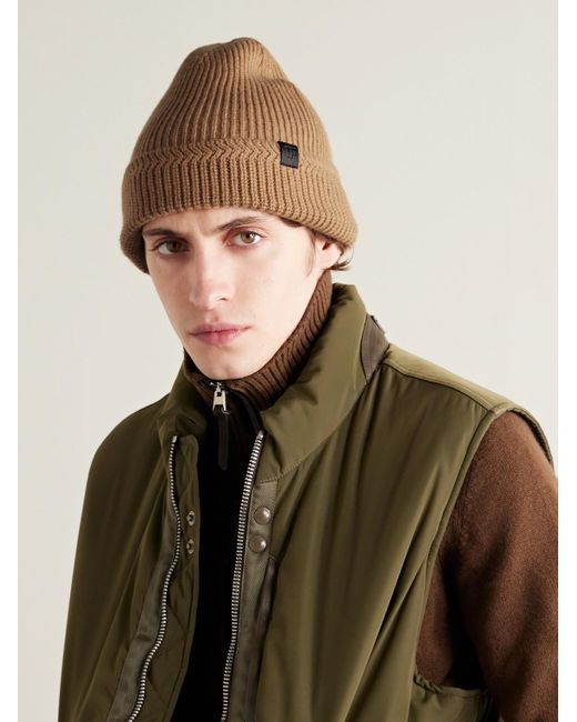 Tom Ford Natural Leather-trimmed Ribbed Wool And Cashmere-blend Beanie for men