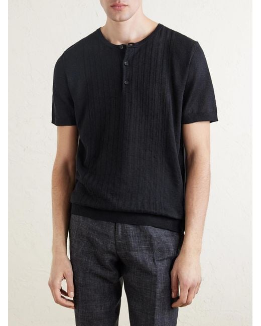 Mr P. Black Pointelle-Knit Linen And Cotton-Blend Henley T-Shirt for men