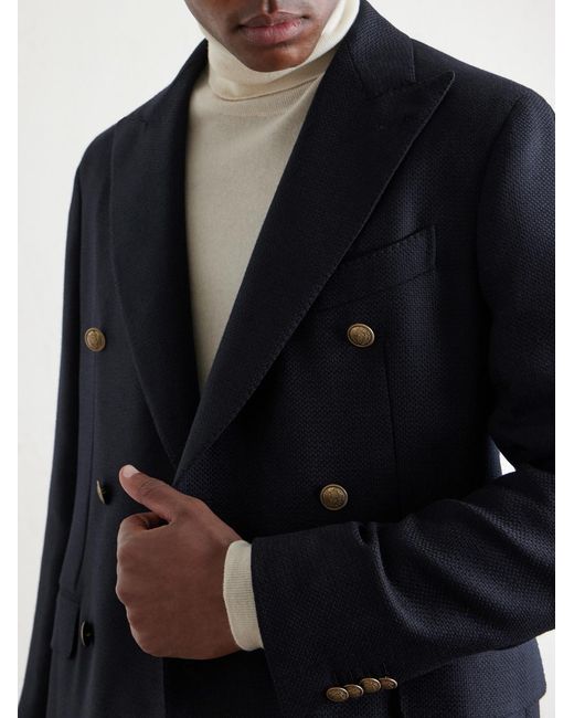 Caruso Blue Aida Double-Breasted Wool-Basketweave Blazer for men