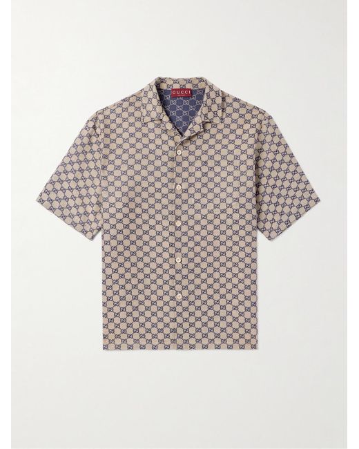 Gucci Gray Camp-collar Logo-jacquard Linen-blend Shirt for men