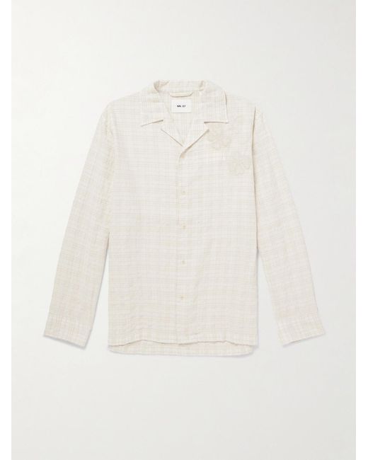NN07 White Ben 50041 Camp-Collar Embroidered Checked Organic Cotton-Blend Shirt for men