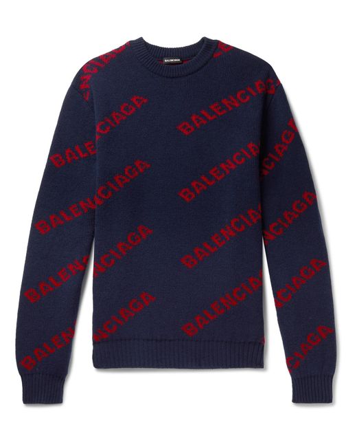 Balenciaga Navy Blue Logo Knitted Wool Jumper for men
