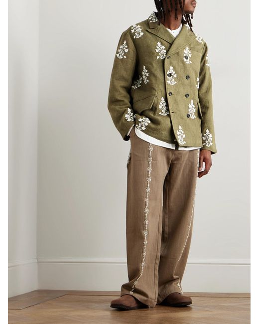 Kartik Research Green Double-Breasted Embellished Embroidered Kantha Cotton Blazer for men