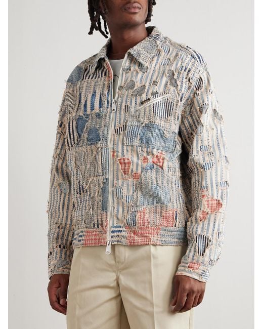 Kapital Boro Patchwork-Jacke aus einer Baumwoll-Leinenmischung mit Reißverschluss in Distressed-Optik in White für Herren