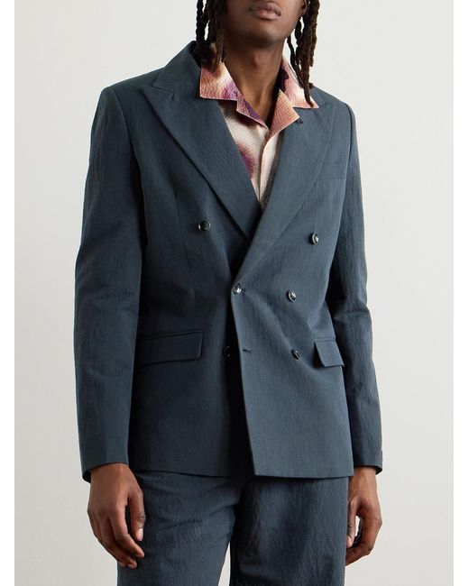 A Kind Of Guise Blue Double-Breasted Cotton And Linen-Blend Seersucker Blazer for men