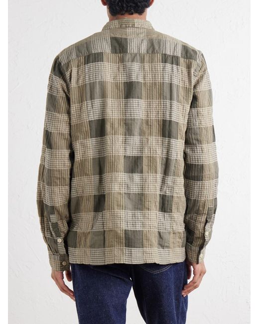 Folk Green Patch Checked Cotton-Blend Seersucker Shirt for men
