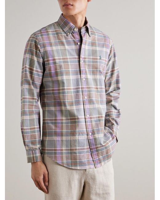 Polo Ralph Lauren White Button-Down Collar Checked Cotton-Twill Shirt for men