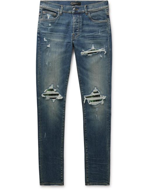 Amiri Blue Mx1 Skinny-fit Panelled Distressed Jeans for men