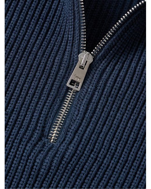 Pullover in misto cotone a coste con mezza zip e logo applicato di Maison Kitsuné in Blue da Uomo