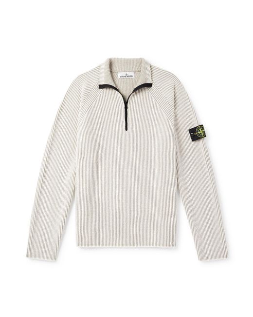 Stone Island Men's White Logo-Appliquéd Ribbed Wool-Blend Half-Zip
