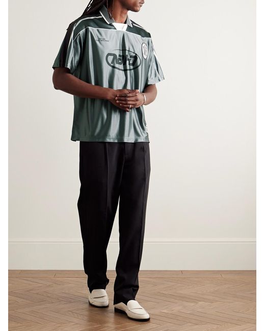 Neighborhood Blue Game Appliquéd Logo-Print Striped Satin Polo Shirt for men