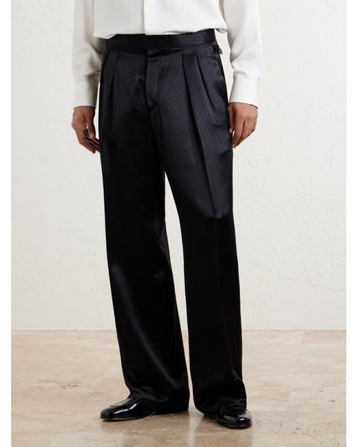 Tom Ford Blue Straight-Leg Pleated Satin Trousers for men