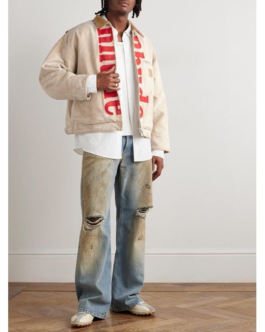 Rhude Pink Corduroy-trimmed Logo-print Distressed Cotton-canvas Bomber Jacket for men