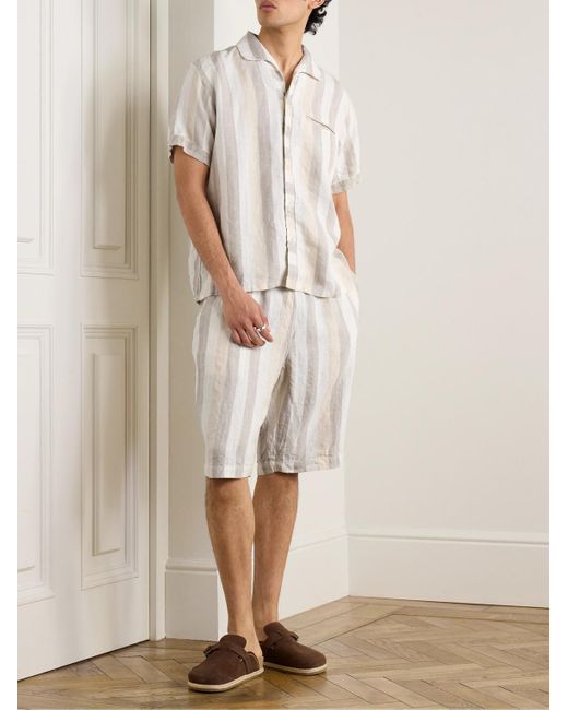 Beams Plus White Striped Herringbone Linen Shirt for men