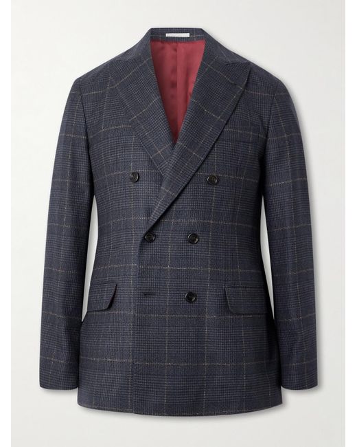 Brunello Cucinelli Blue Checked Double-breasted Cashmere And Virgin Wool-blend Suit Jacket for men