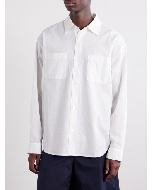 FRAME White Logo-Embroidered Cotton, Linen And Ramie-Blend Shirt for men