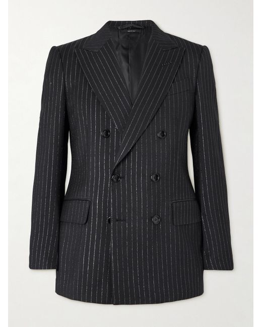Tom Ford Black Dyllan Double-Breasted Striped Metallic Wool And Silk-Blend Suit Jacket for men