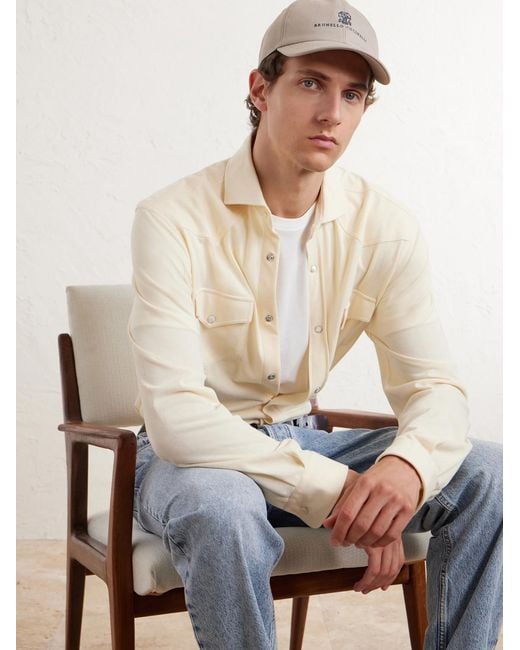 Brunello Cucinelli Natural Logo-Embroidered Leather-Trimmed Cotton-Twill Baseball Cap for men