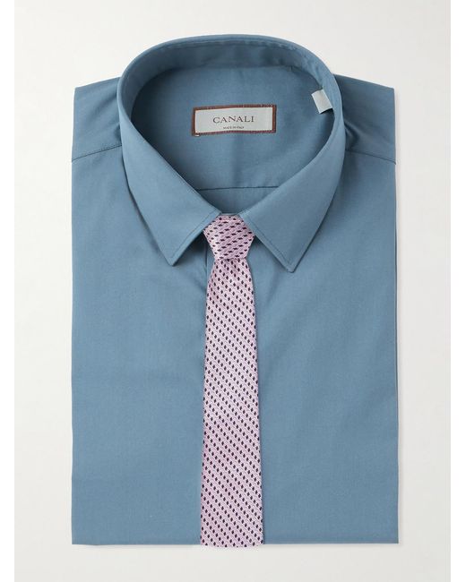 Canali Blue Spread-Collar Cotton-Blend Poplin Shirt for men