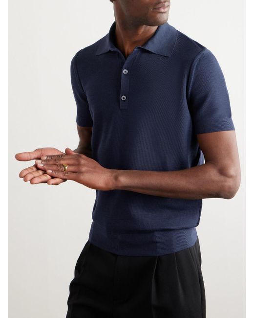 Tom Ford Blue Slim-fit Honeycomb-knit Silk-blend Polo Shirt for men