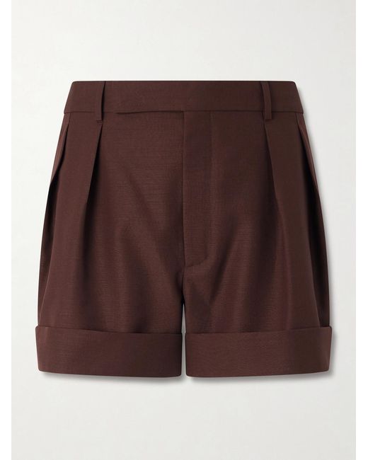 Saint Laurent Brown Straight-leg Pleated Wool And Mohair-blend Shorts for men