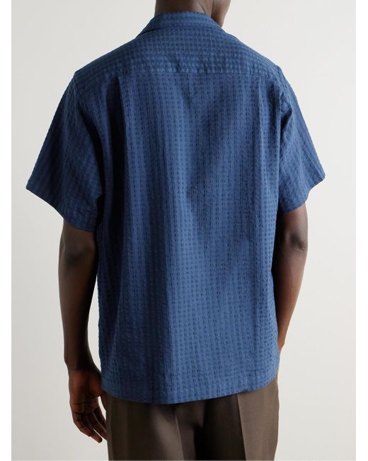 Portuguese Flannel Blue Flamé Convertible-Collar Cotton-Blend Seersucker Shirt for men