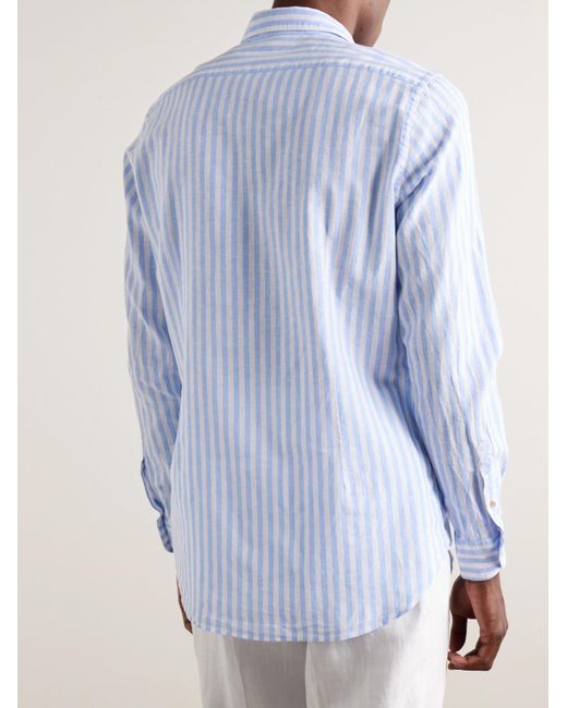Boglioli Gestreiftes Hemd aus einer Leinen-Baumwollmischung mit Cutaway-Kragen in Blue für Herren