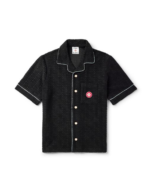 Casablanca Black Camp-Collar Logo-Appliquéd Monogrammed Cotton-Blend Terry Jacquard Shirt for men