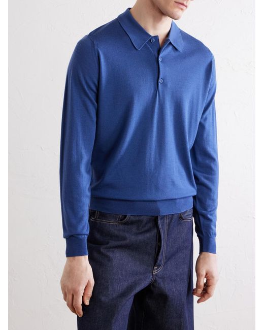 John Smedley Blue Caverhill Knitted Merino Wool Polo Shirt for men