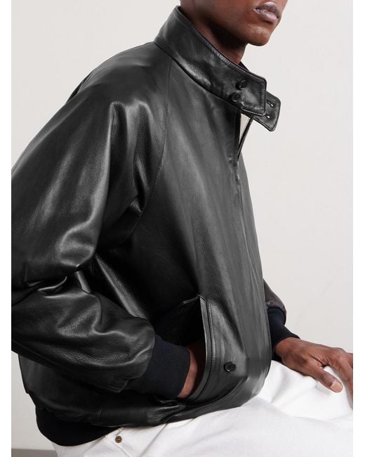 A.PRESSE Black Padded Leather Harrington Jacket for men