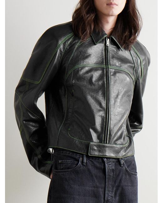 Acne Black Logo-Embroidered Panelled Leather Jacket for men